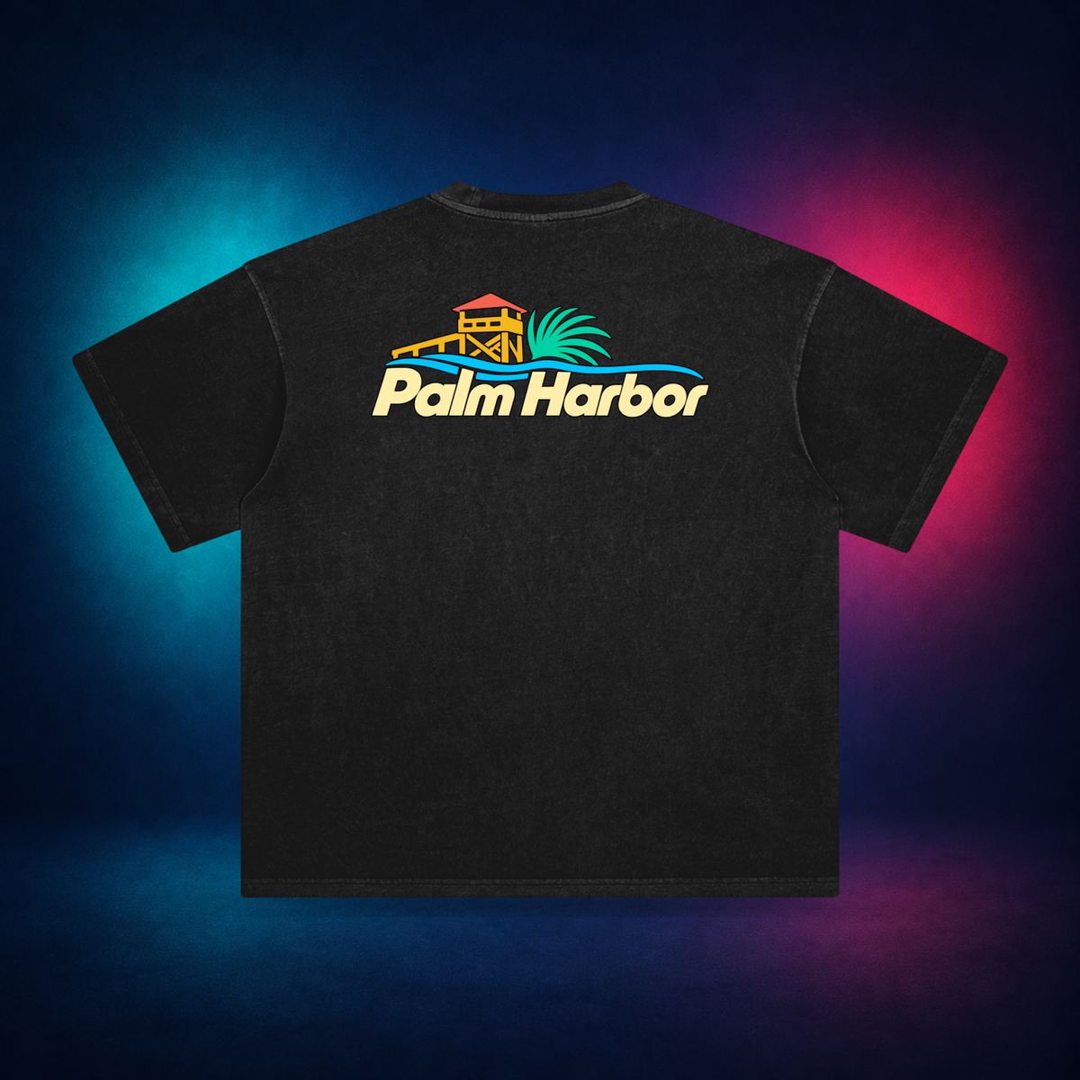 Palm Harbor — Retro Black — large back print | Vision Neon midnight studio