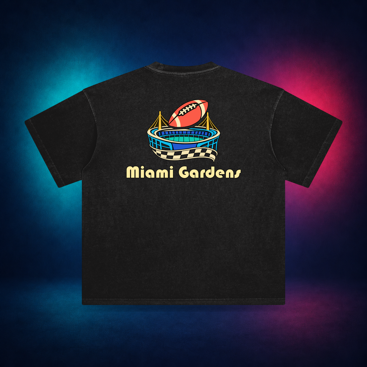 Miami Gardens — Retro Black — large back print | Vision Neon midnight studio