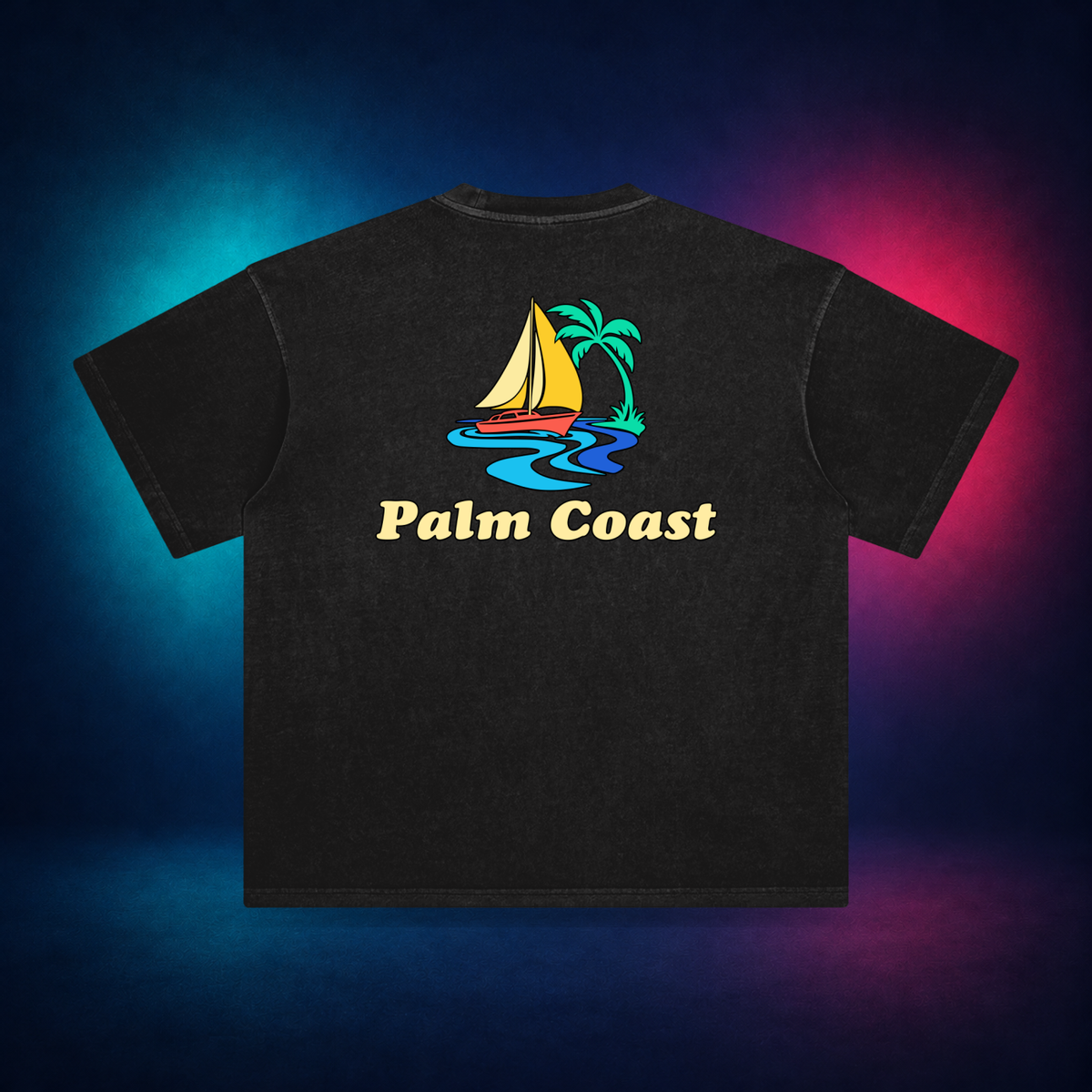 Palm Coast — Retro Black — large back print | Vision Neon midnight studio