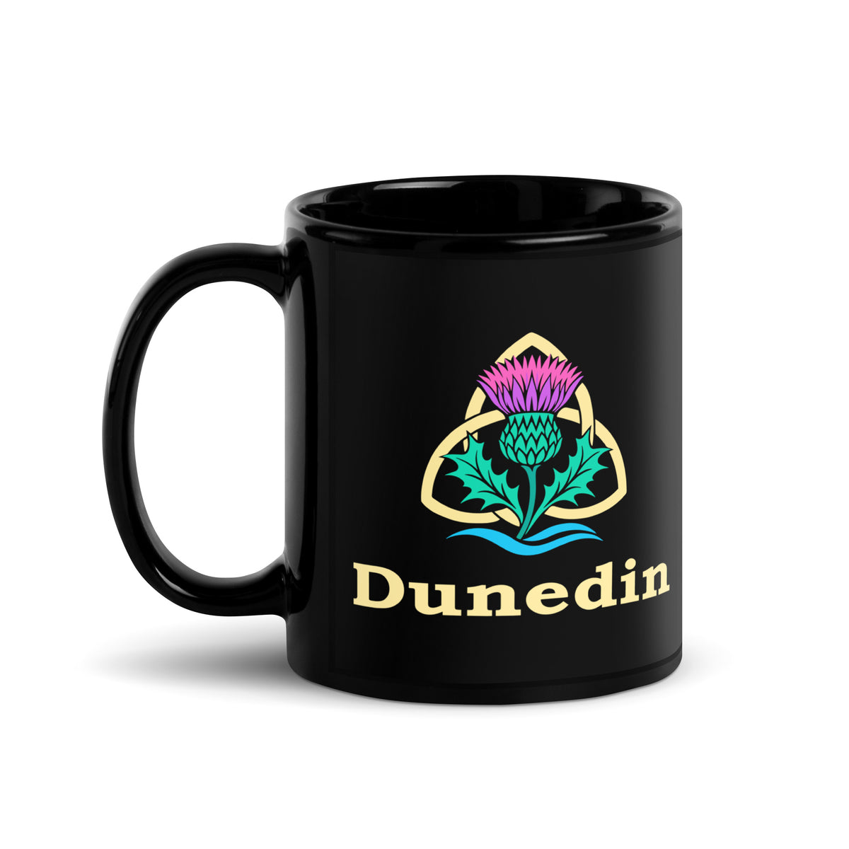 Dunedin — Black mug, 11 oz, left side, logo on both sides