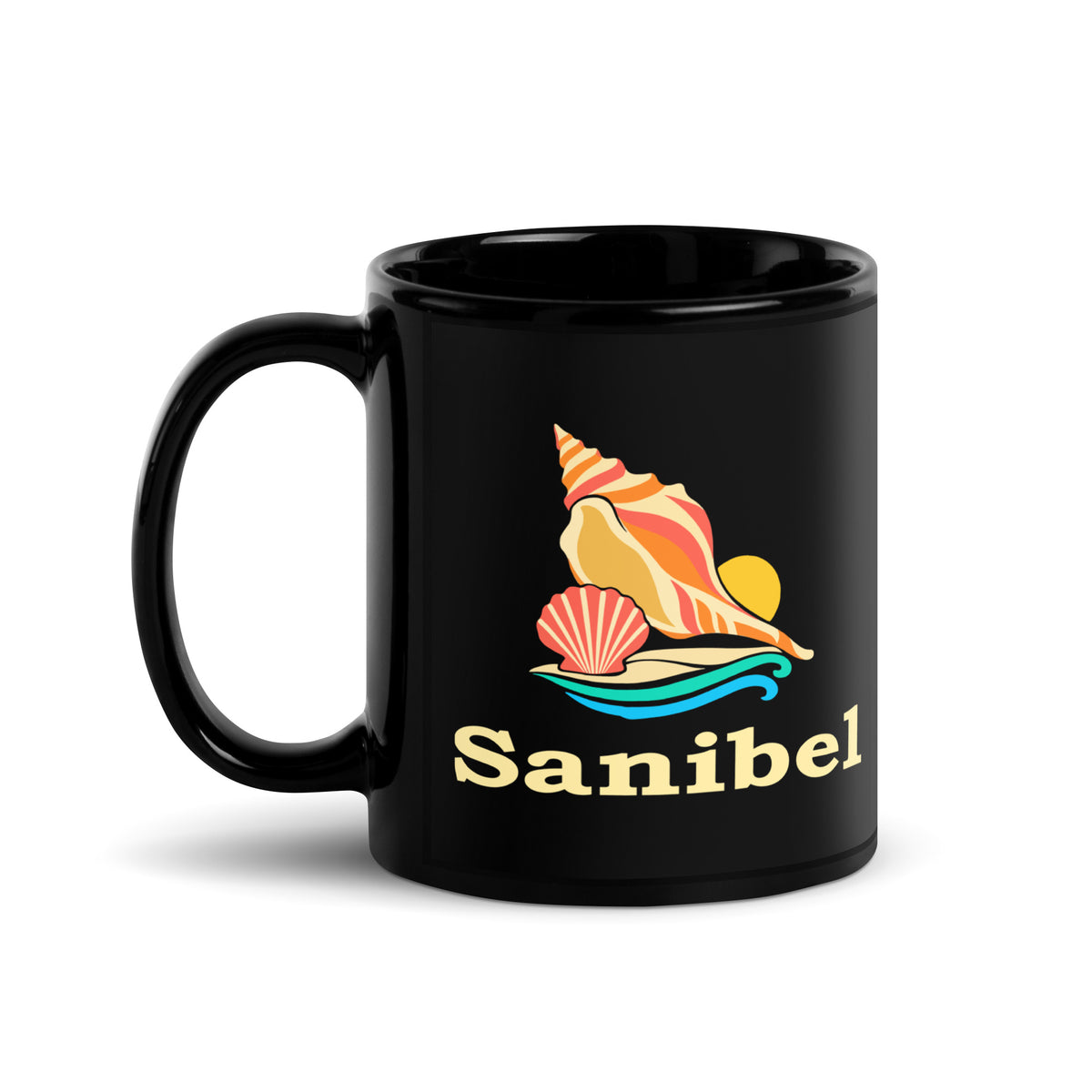 Sanibel — Black mug, 11 oz, left side, logo on both sides