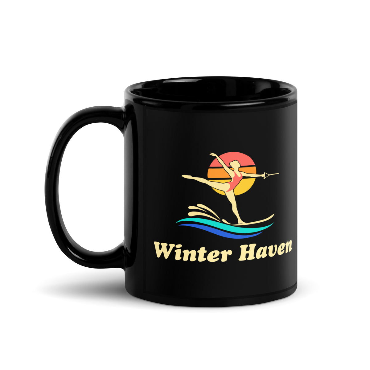 Winter Haven — Black mug, 11 oz, left side, logo on both sides