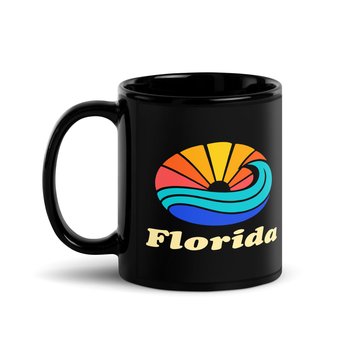 Florida Sunset Wave — Black mug, 11 oz, left side, logo on both sides