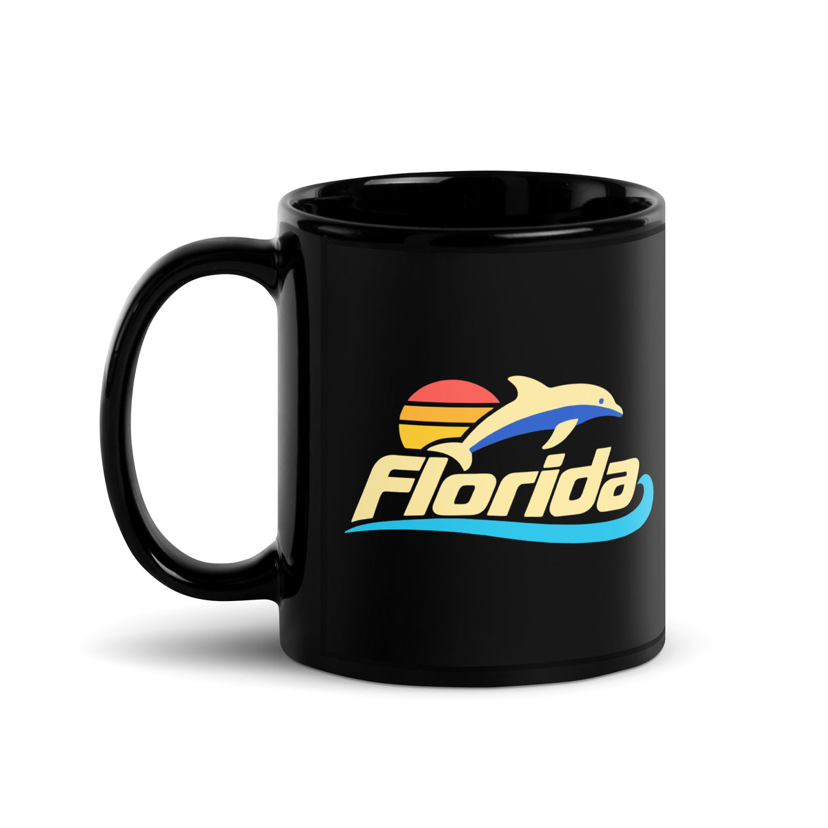 Florida Dolphin Sunset — Black mug, 11 oz, left side, logo on both sides