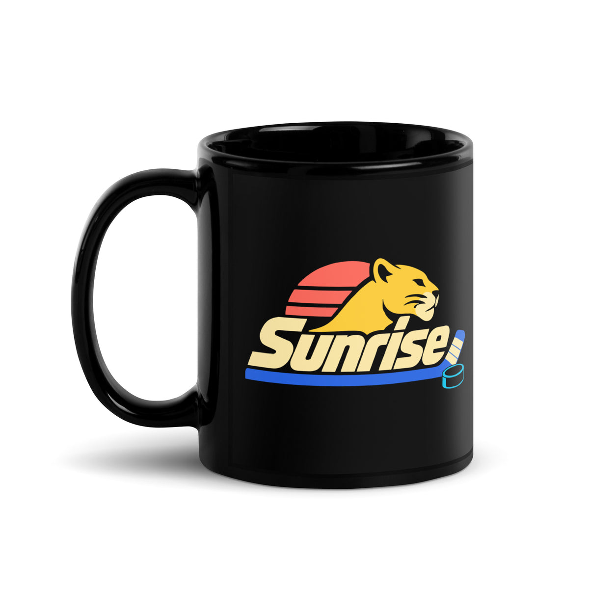 Sunrise — Black mug, 11 oz, left side, logo on both sides