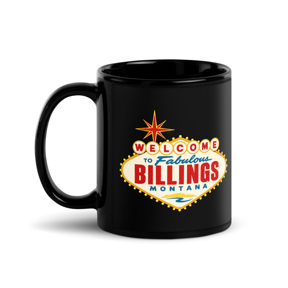 Billings - Welcome Sign — black mug, 11 oz, left side, logo on both sides
