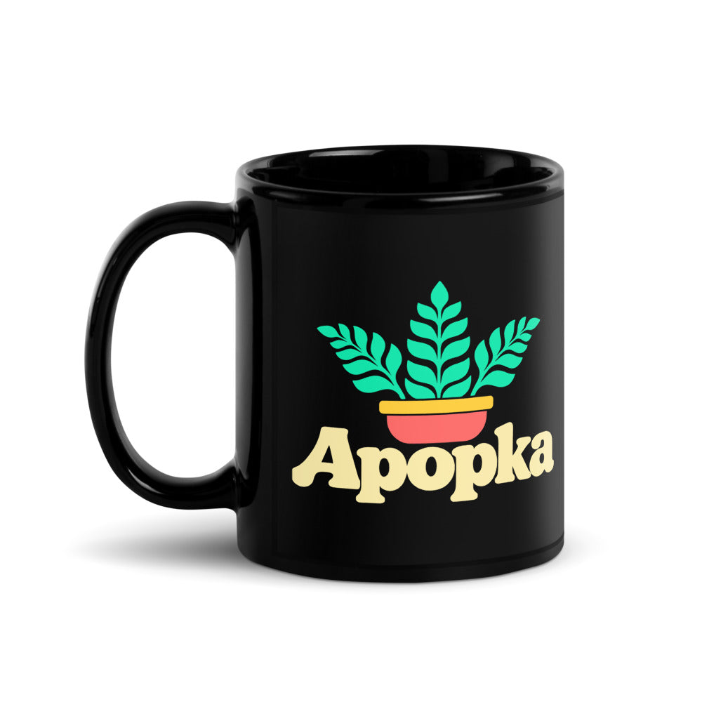 Apopka — black mug, 11 oz, left side, logo on both sides