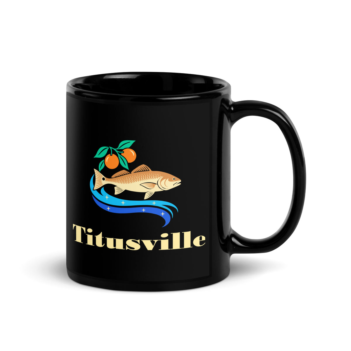 Titusville — Black mug, 11 oz, right side, logo on both sides