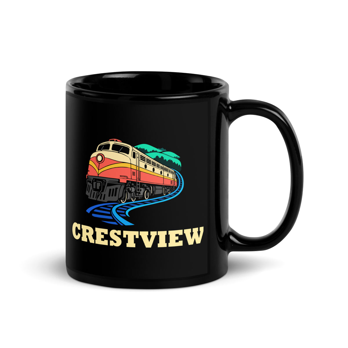 Crestview — Black mug, 11 oz, right side, logo on both sides