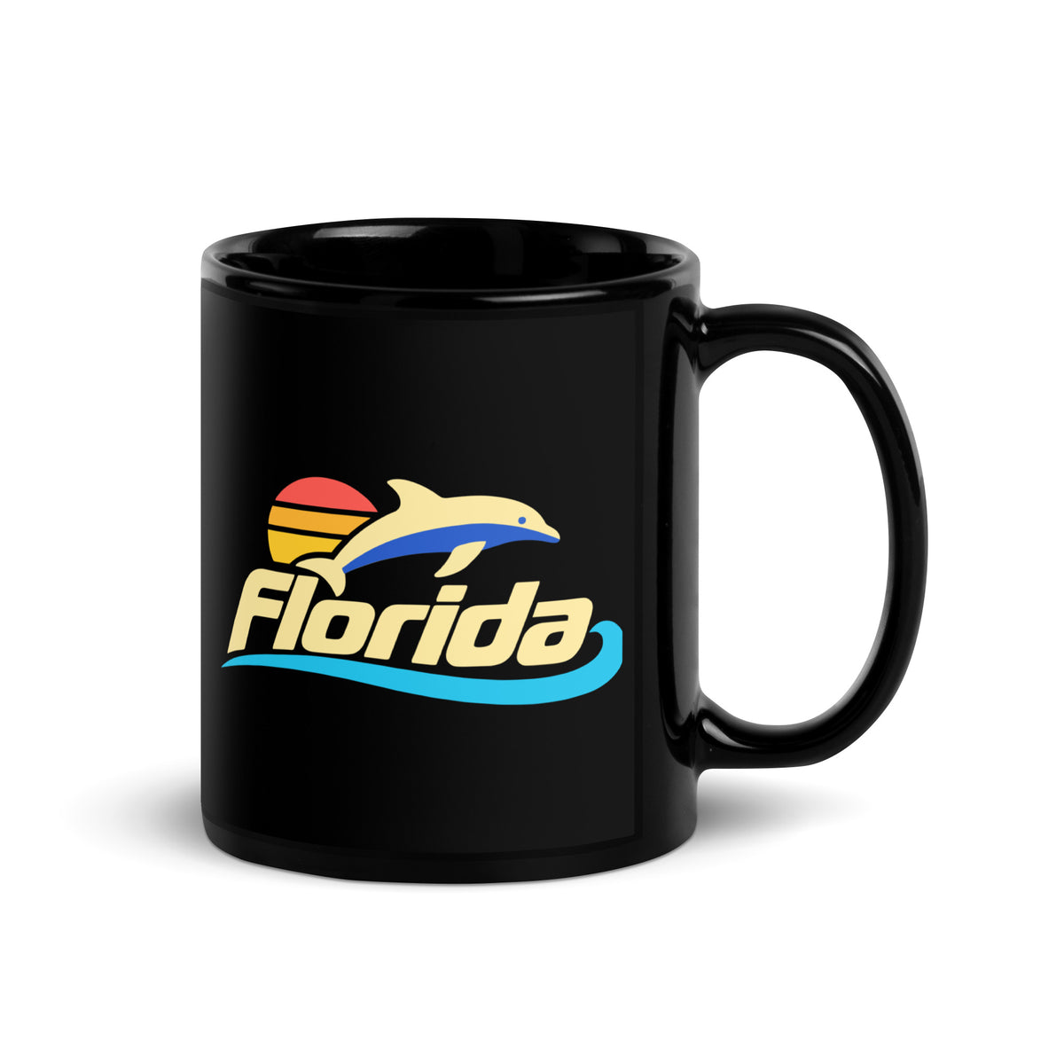 Florida Dolphin Sunset — Black mug, 11 oz, right side, logo on both sides