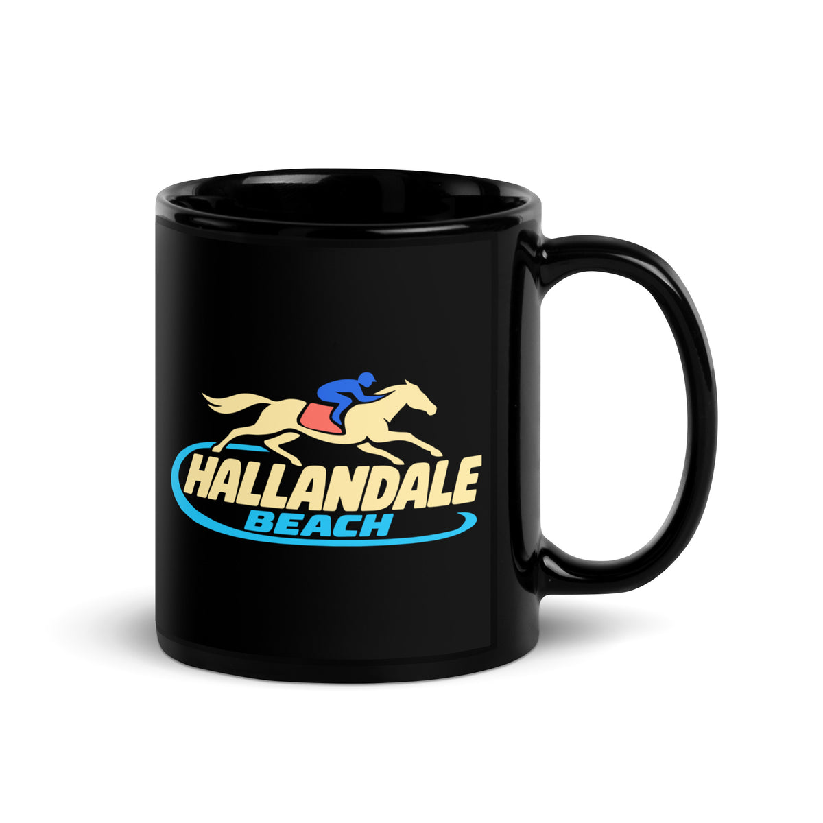 Hallandale Beach — Black mug, 11 oz, right side, logo on both sides