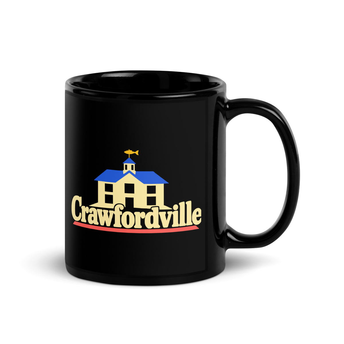 Crawfordville — Black mug, 11 oz, right side, logo on both sides