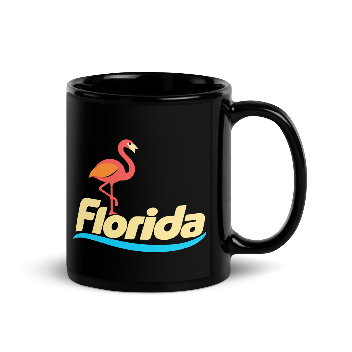 Florida Flamingo — Black mug, 11 oz, right side, logo on both sides