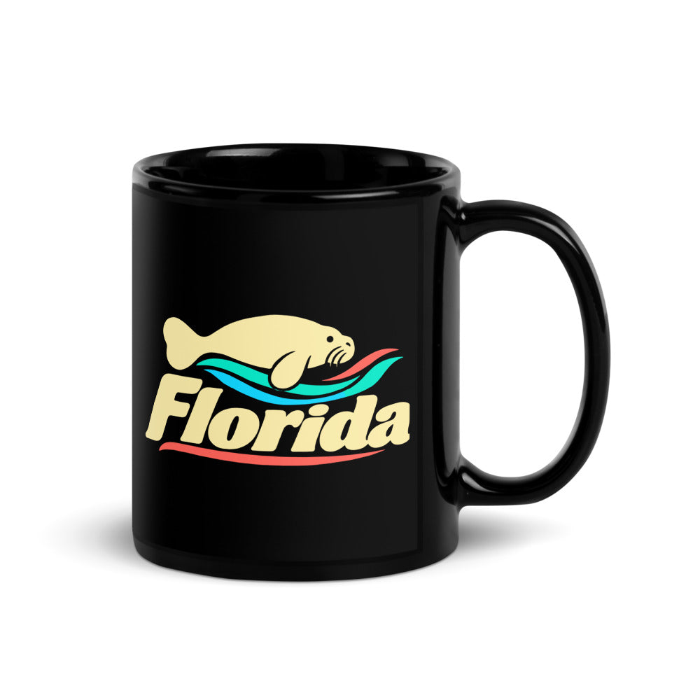 Florida Manatee — black mug, 11 oz, right side, logo on both sides