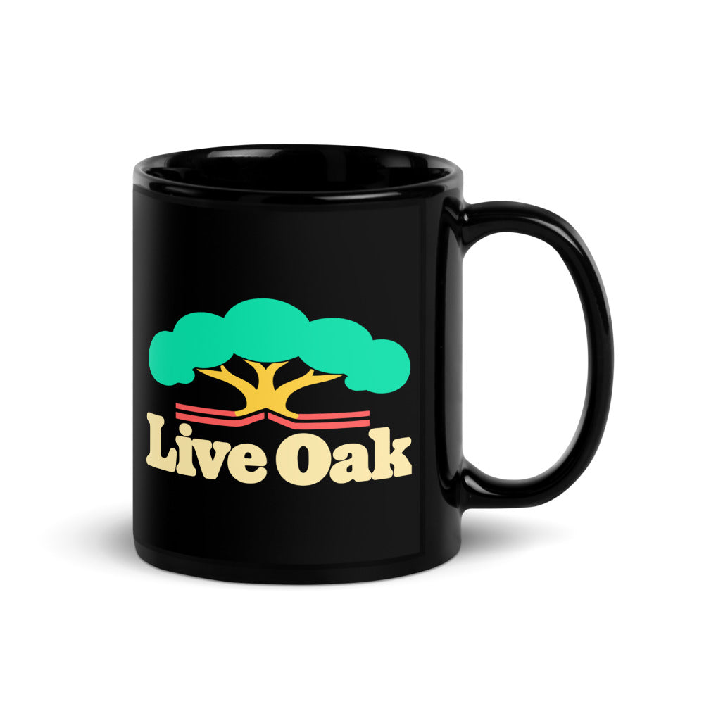 Live Oak — black mug, 11 oz, right side, logo on both sides