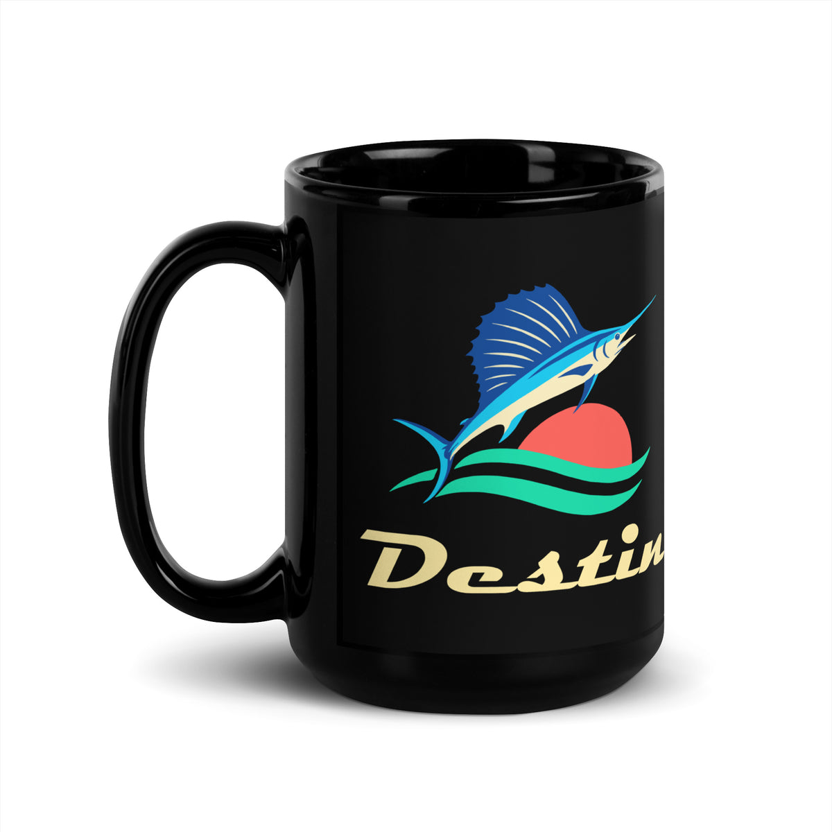 Destin — Black mug, 15 oz, left side, logo on both sides