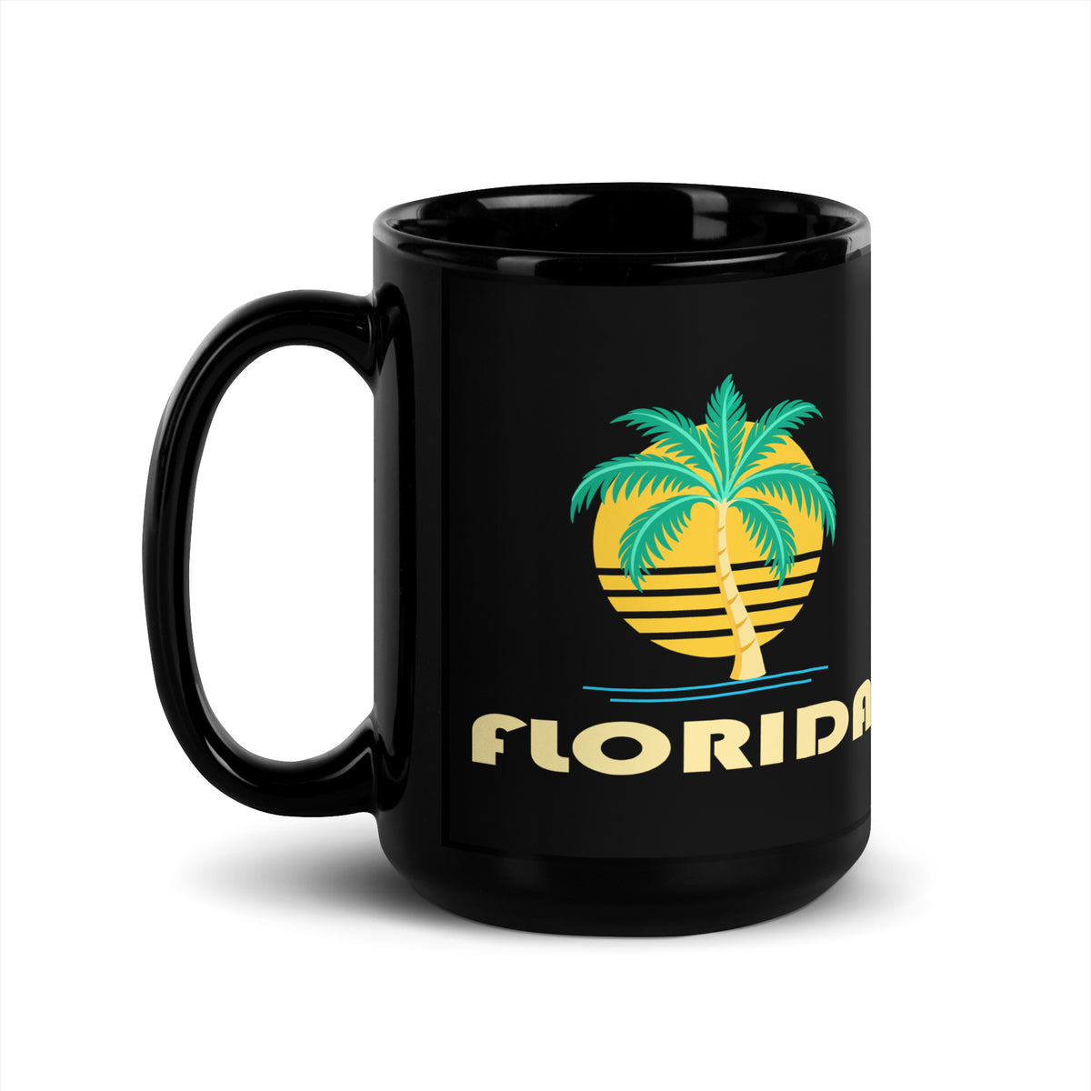 Florida Golden Palm — Black mug, 15 oz, left side, logo on both sides