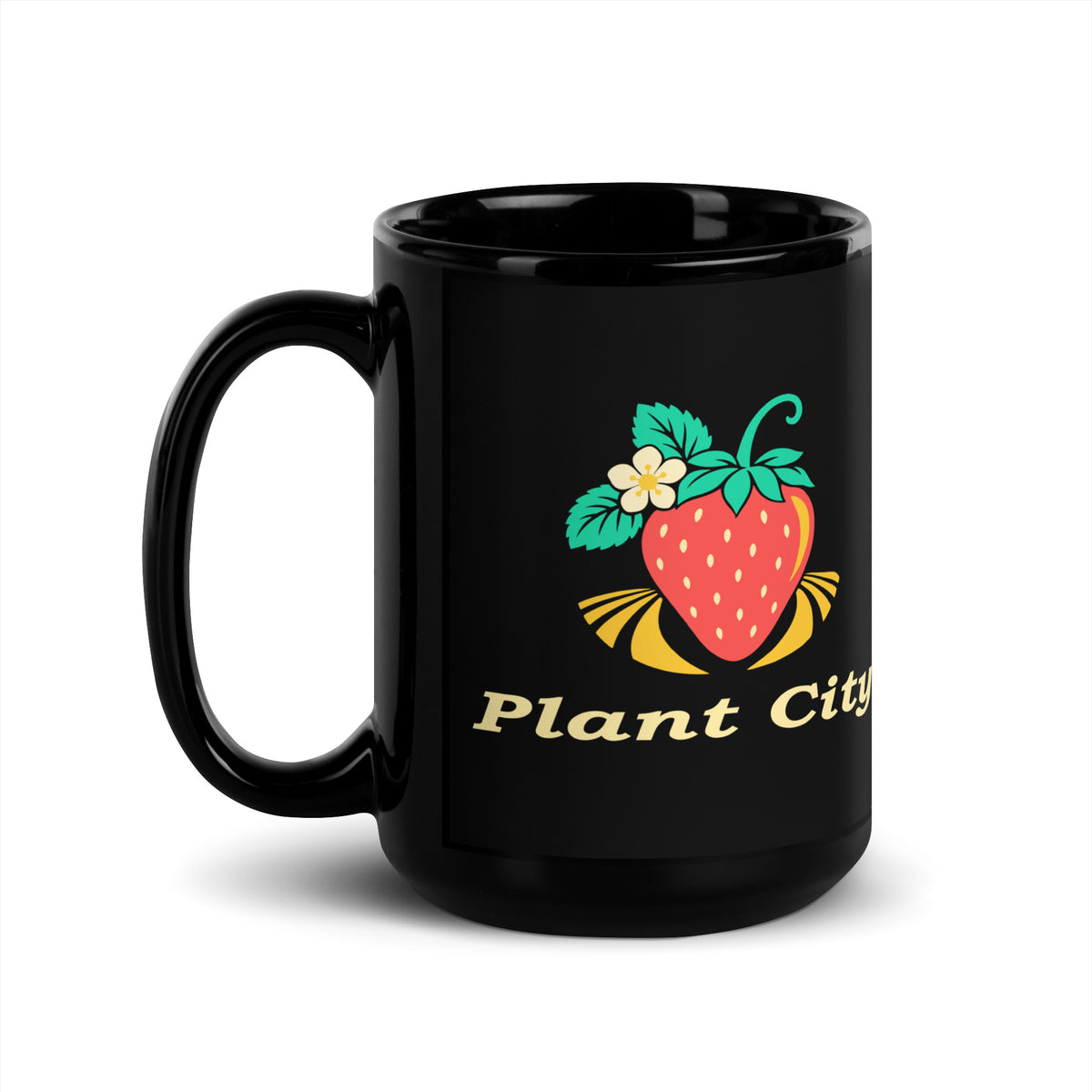 Plant City — Black mug, 15 oz, left side, logo on both sides