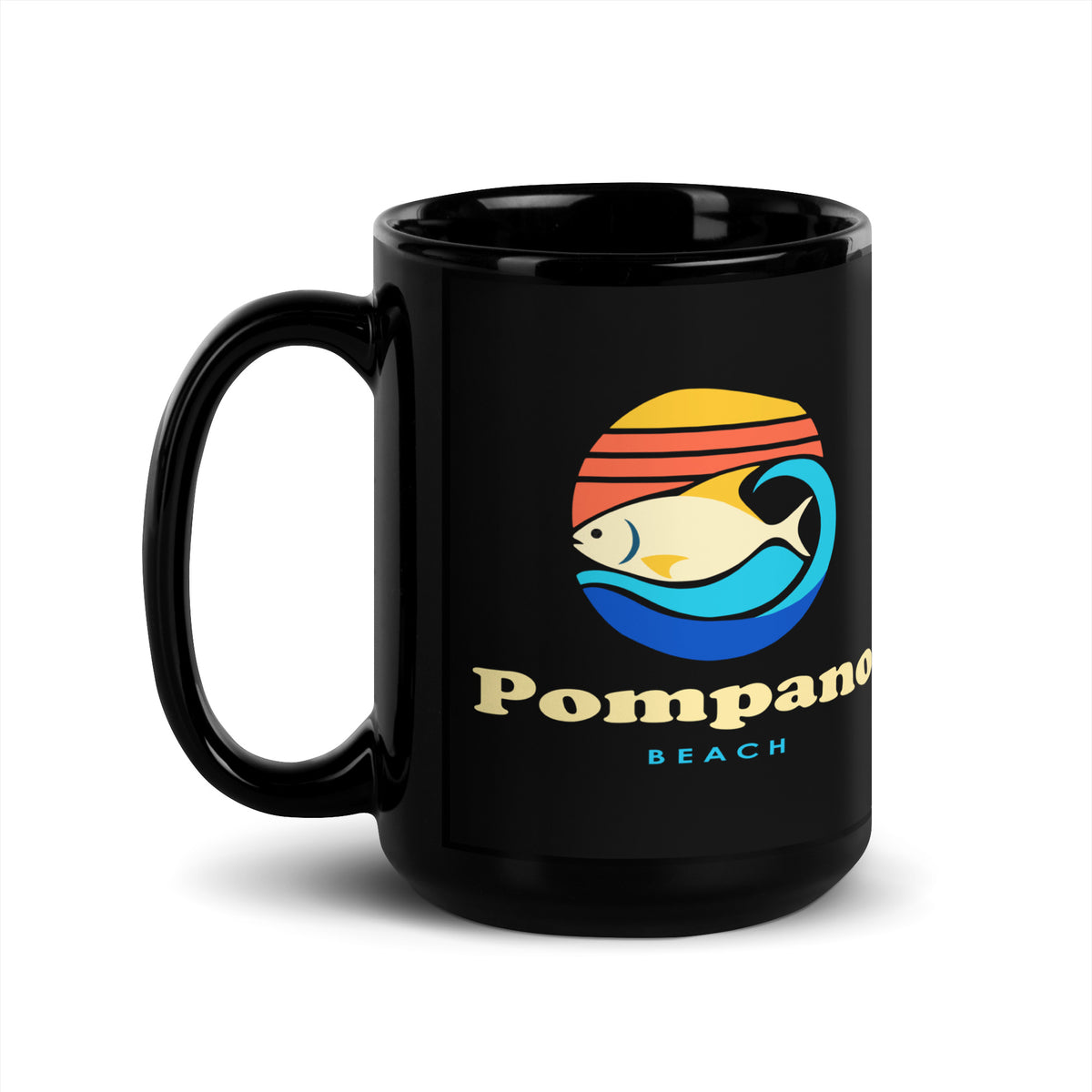 Pompano Beach — Black mug, 15 oz, left side, logo on both sides