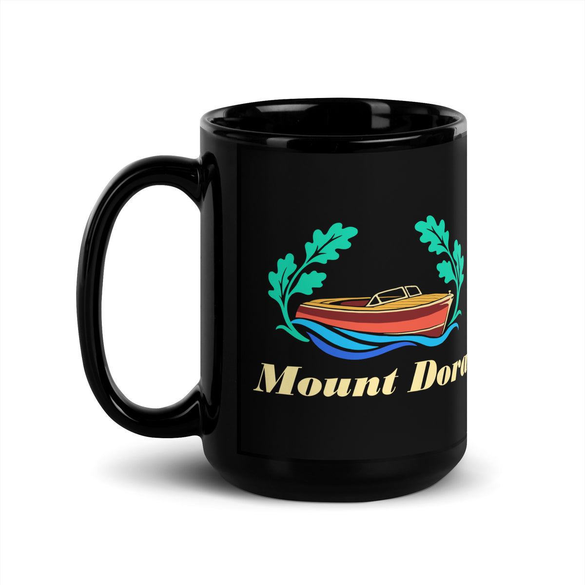 Mount Dora — Black mug, 15 oz, left side, logo on both sides