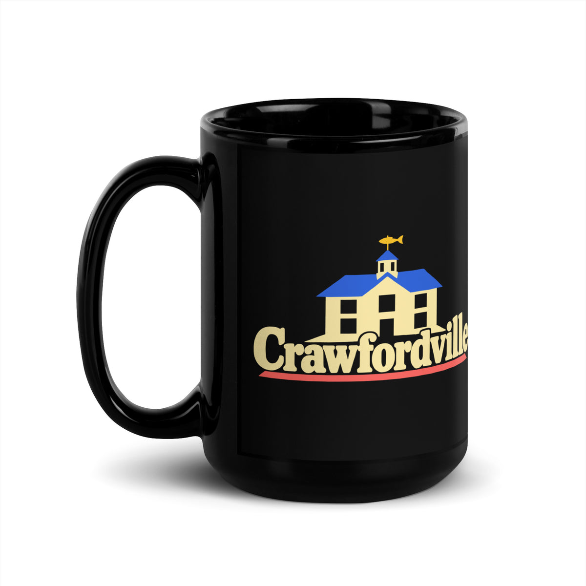 Crawfordville — Black mug, 15 oz, left side, logo on both sides