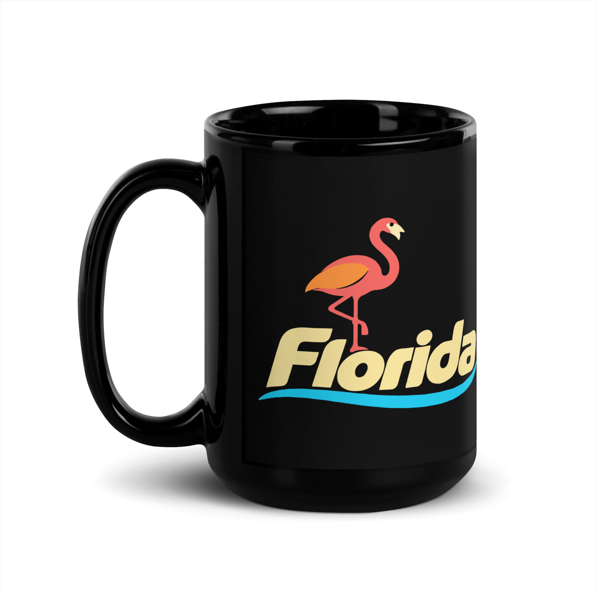 Florida Flamingo — Black mug, 15 oz, left side, logo on both sides
