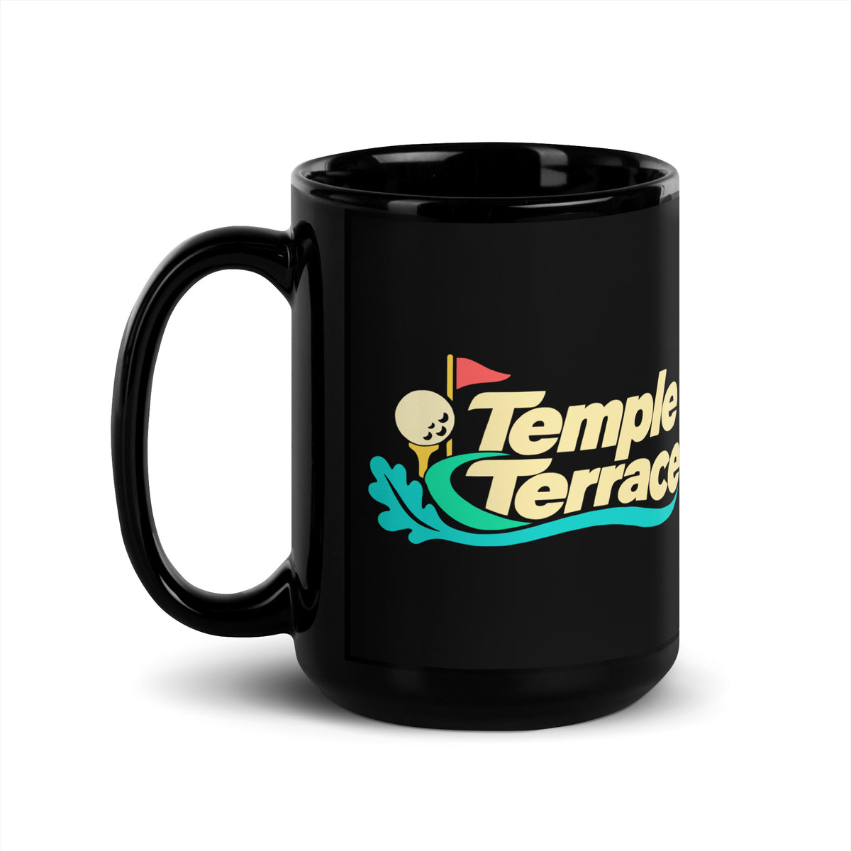 Temple Terrace — Black mug, 15 oz, left side, logo on both sides