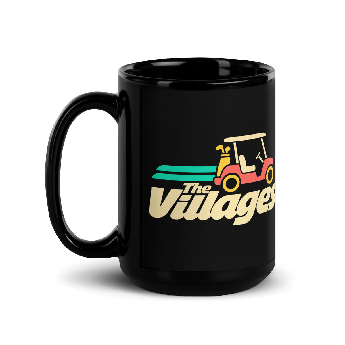 The Villages — Black mug, 15 oz, left side, logo on both sides