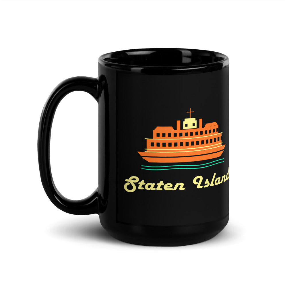 Staten Island — black mug, 15 oz, left side, logo on both sides