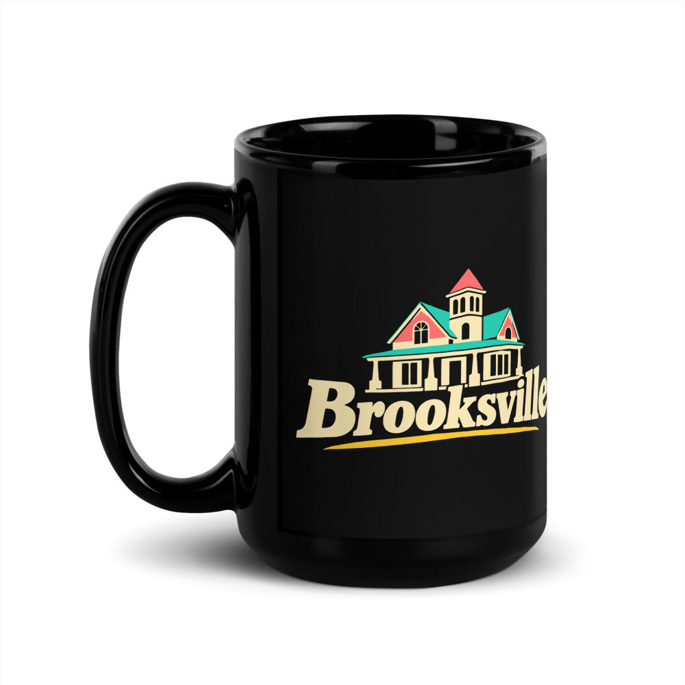 Brooksville — black mug, 15 oz, left side, logo on both sides
