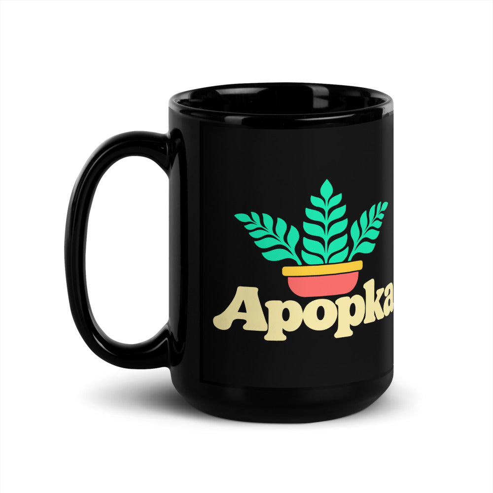 Apopka — black mug, 15 oz, left side, logo on both sides
