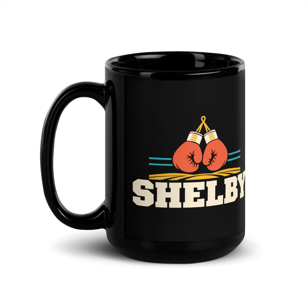 Shelby — black mug, 15 oz, left side, logo on both sides