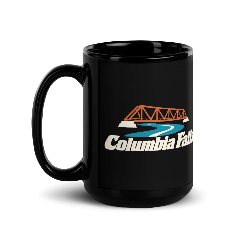 Columbia Falls — black mug, 15 oz, left side, logo on both sides