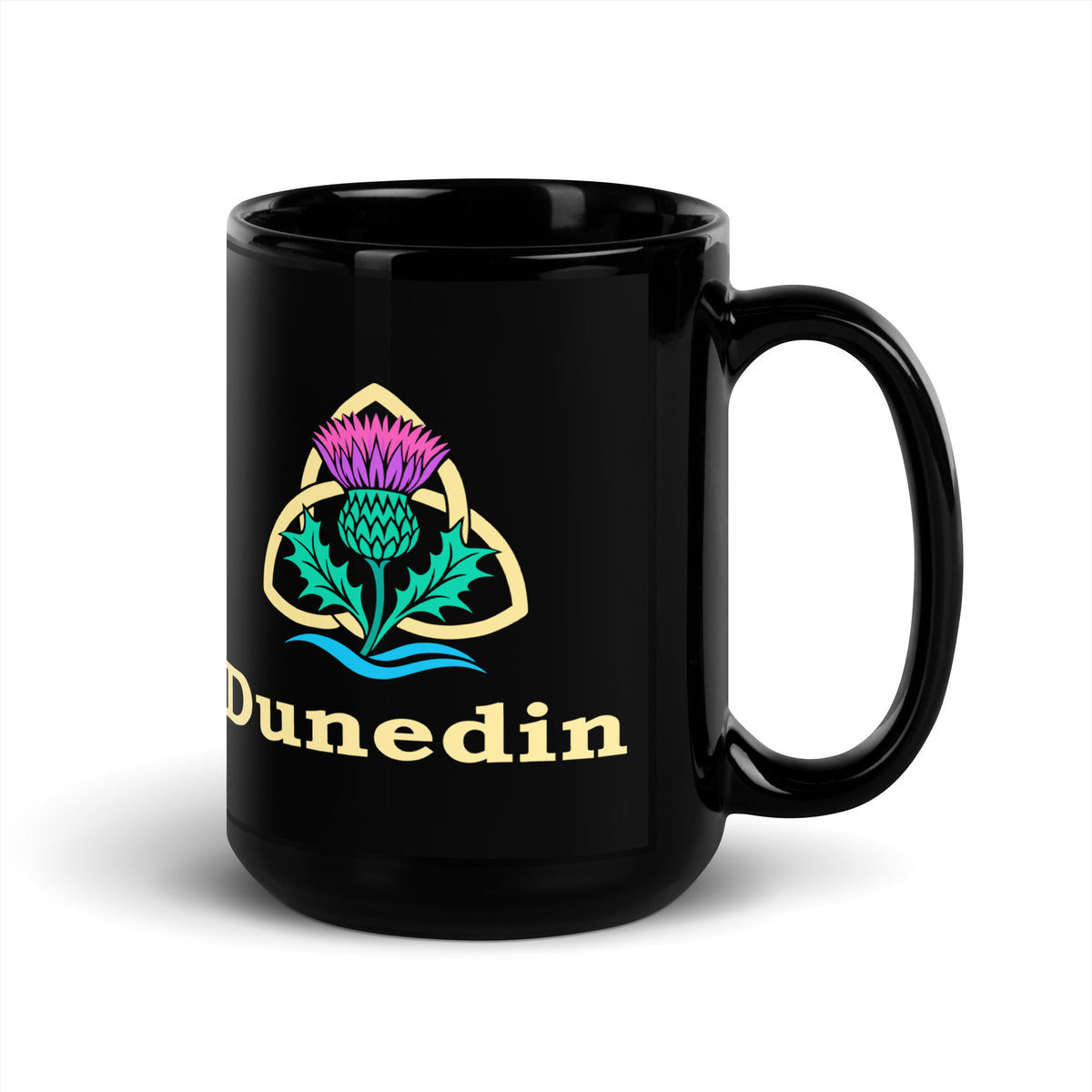 Dunedin — Black mug, 15 oz, right side, logo on both sides