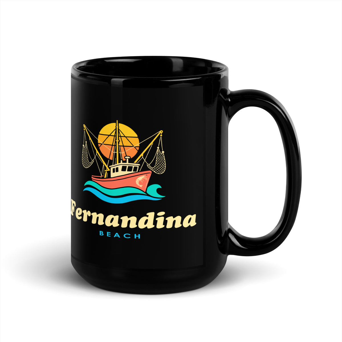 Fernandina Beach — Black mug, 15 oz, right side, logo on both sides