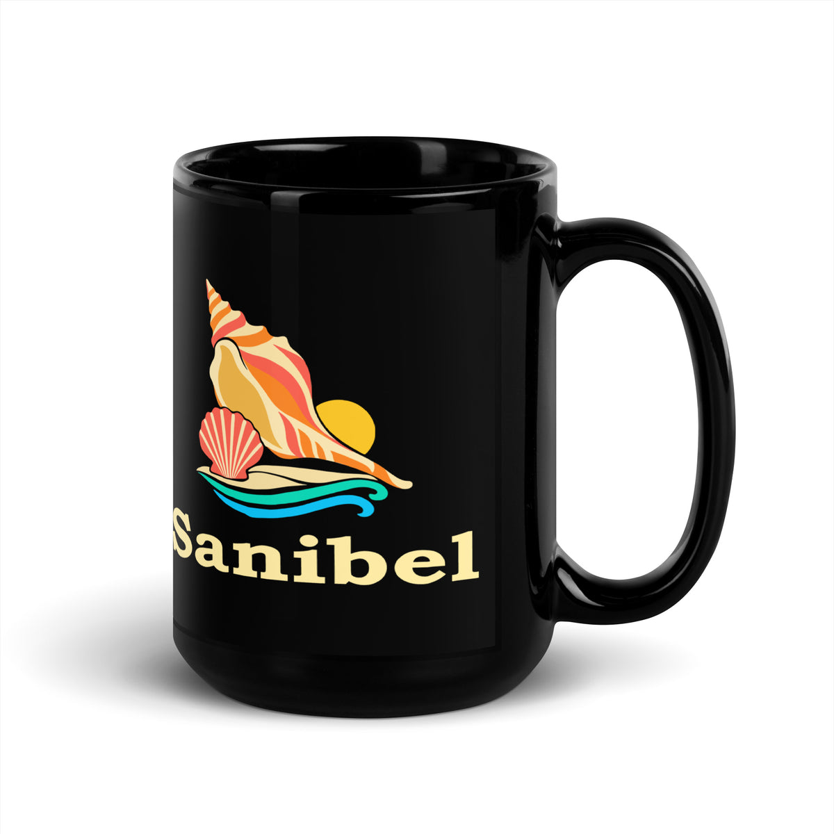 Sanibel — Black mug, 15 oz, right side, logo on both sides