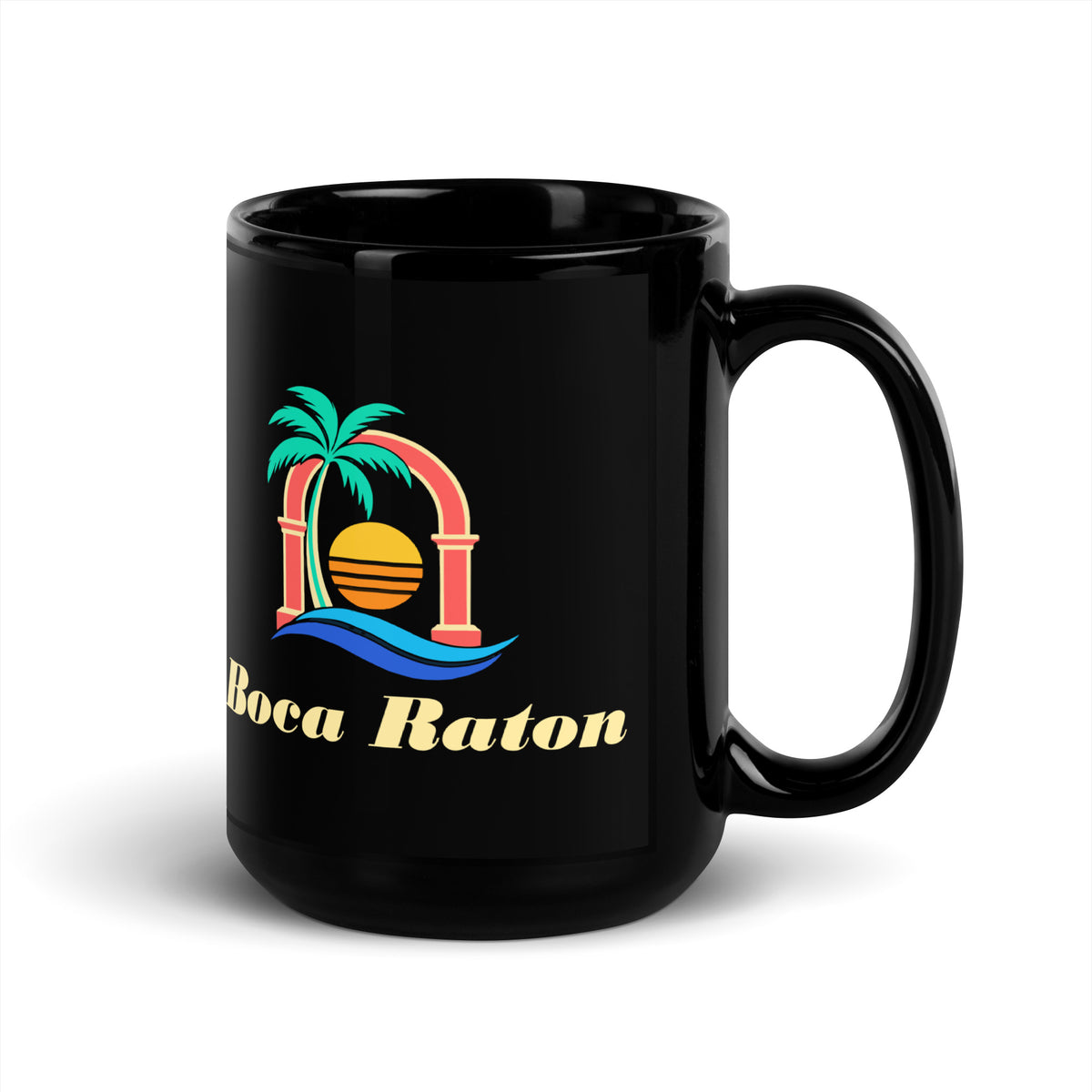Boca Raton — Black mug, 15 oz, right side, logo on both sides