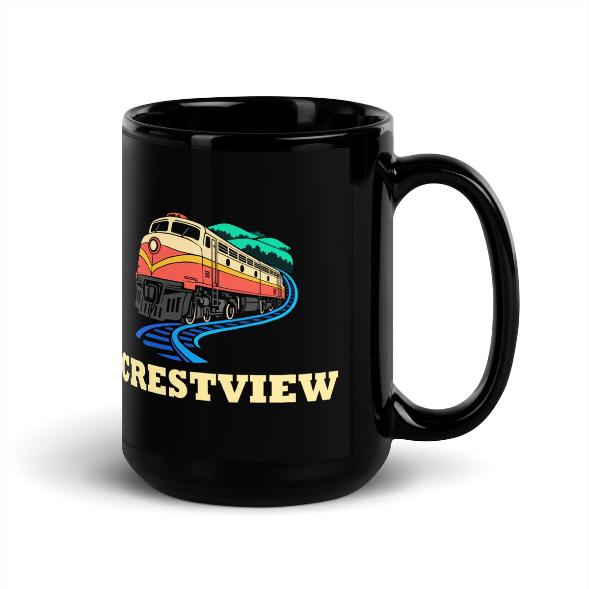 Crestview — Black mug, 15 oz, right side, logo on both sides