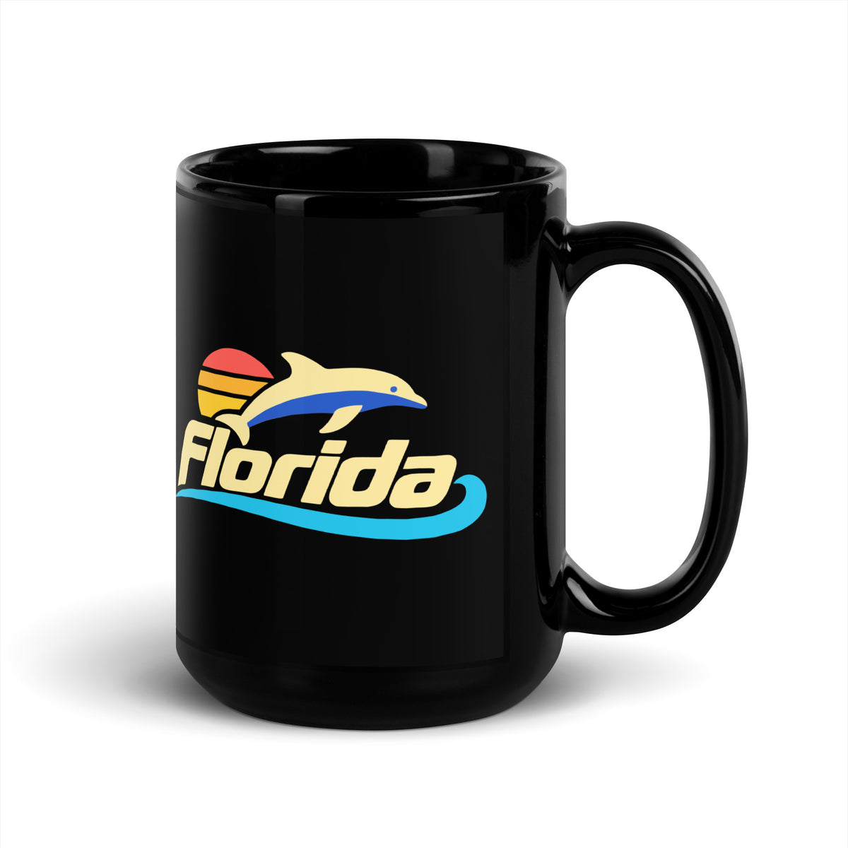 Florida Dolphin Sunset — Black mug, 15 oz, right side, logo on both sides