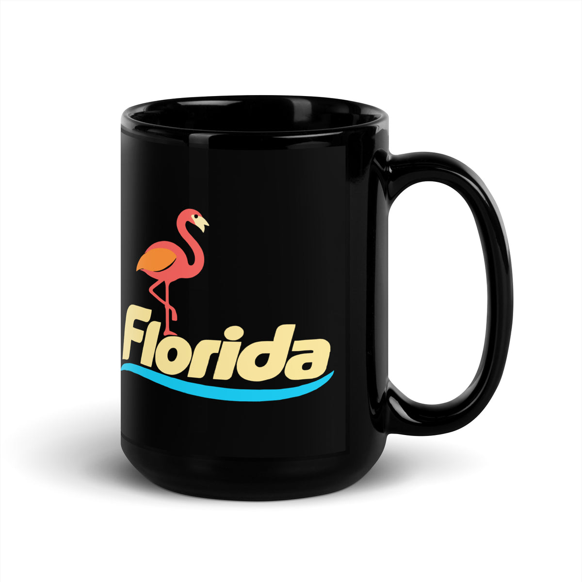 Florida Flamingo — Black mug, 15 oz, right side, logo on both sides