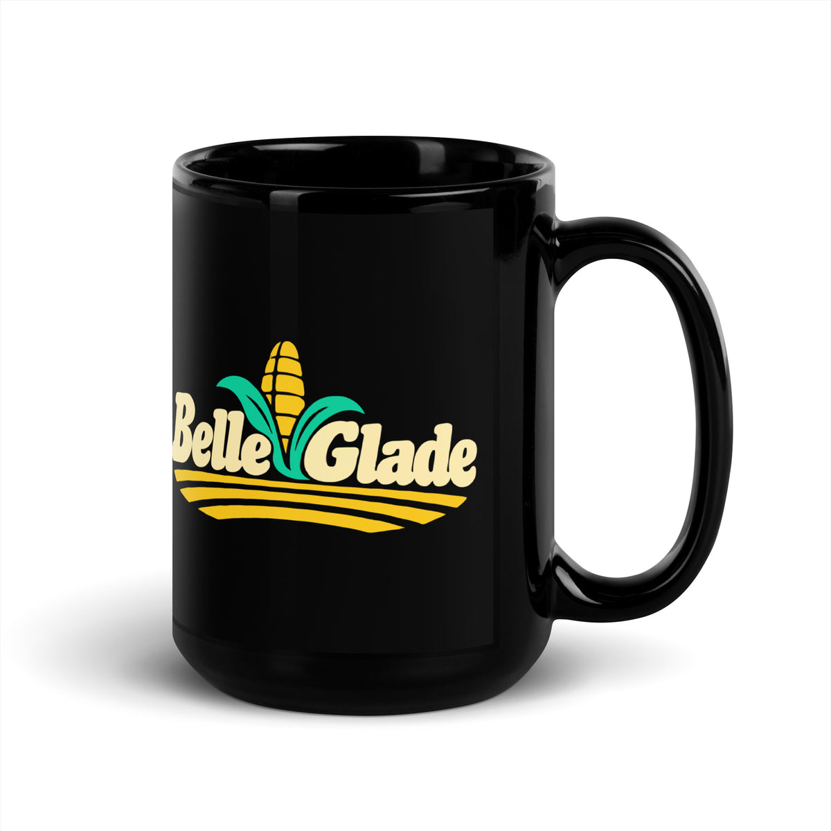 Belle Glade — Black mug, 15 oz, right side, logo on both sides