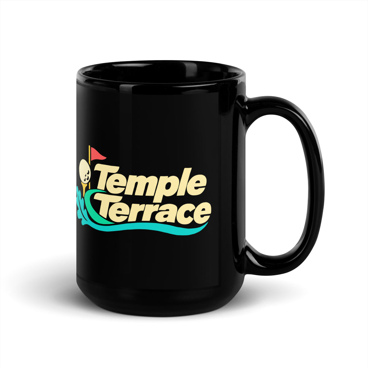 Temple Terrace — Black mug, 15 oz, right side, logo on both sides