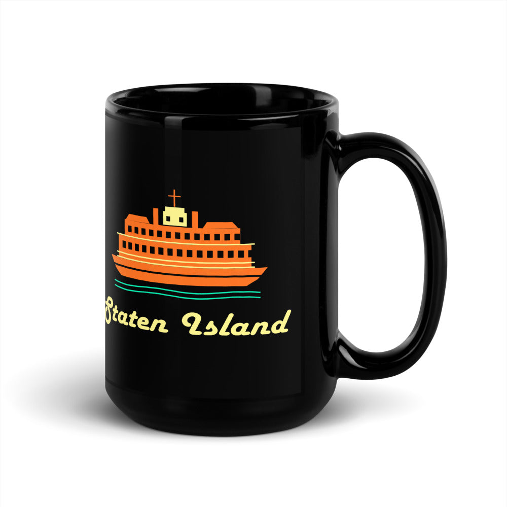 Staten Island — black mug, 15 oz, right side, logo on both sides