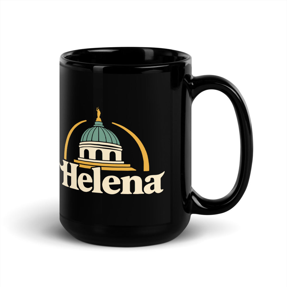 Helena — black mug, 15 oz, right side, logo on both sides