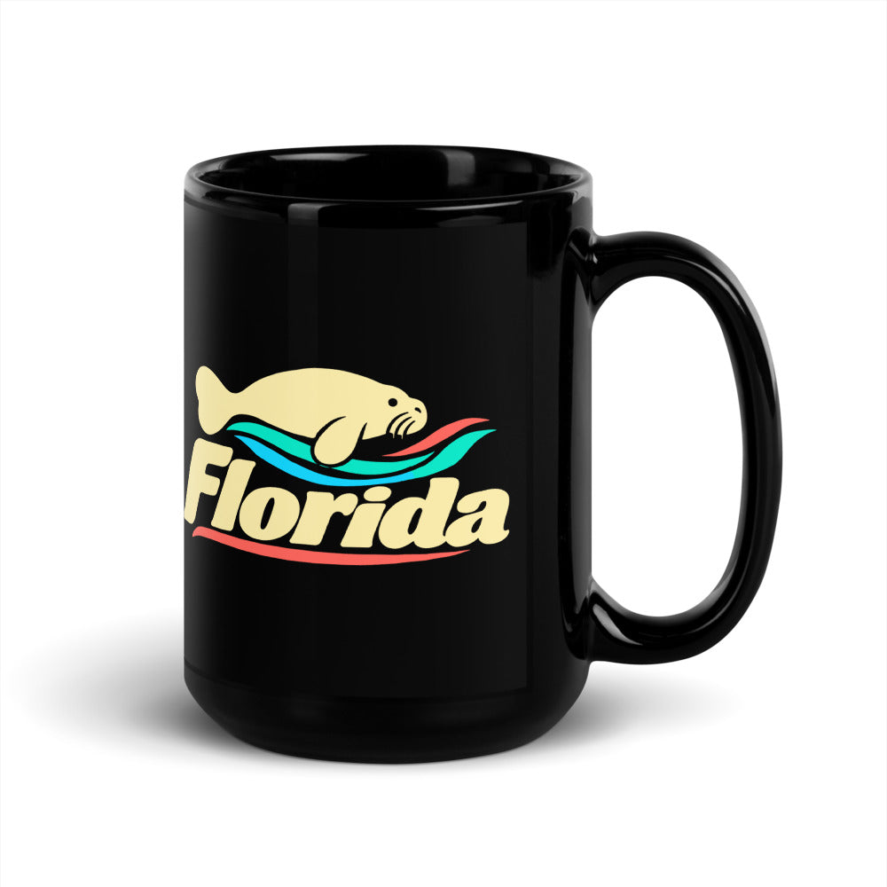 Florida Manatee — black mug, 15 oz, right side, logo on both sides
