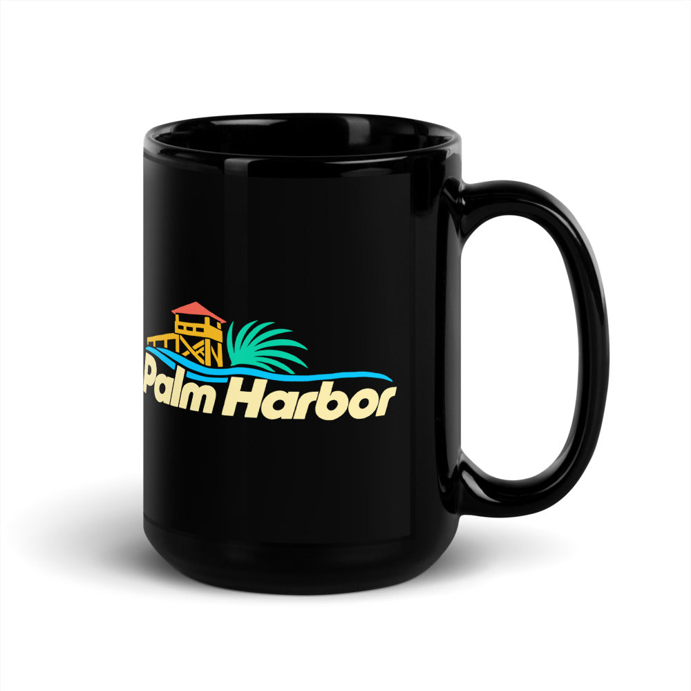 Palm Harbor — black mug, 15 oz, right side, logo on both sides