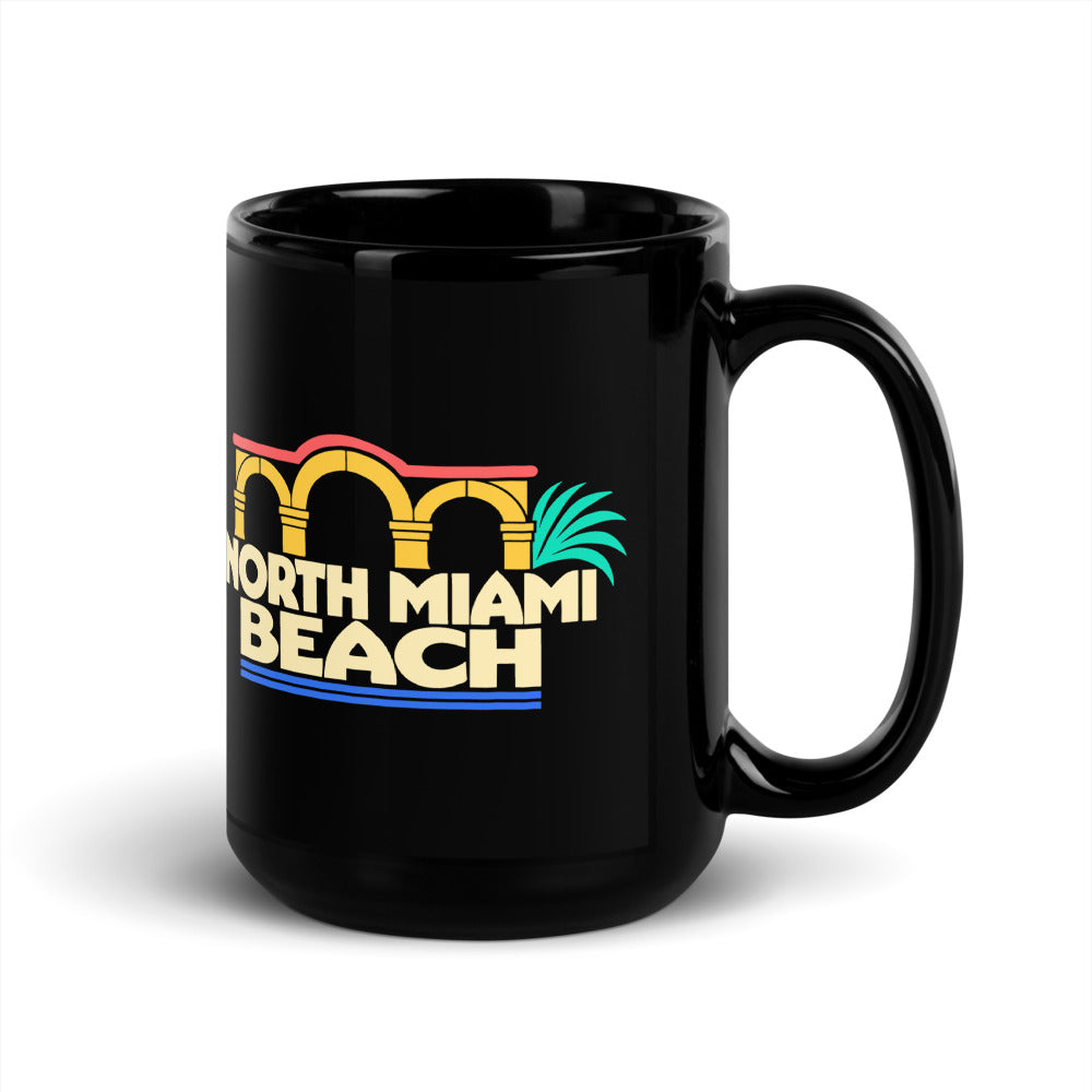 North Miami Beach — black mug, 15 oz, right side, logo on both sides
