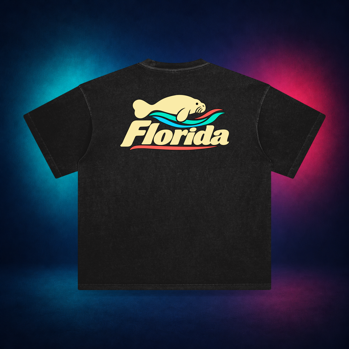 Florida Manatee — Retro Black — large back print | Vision Neon midnight studio