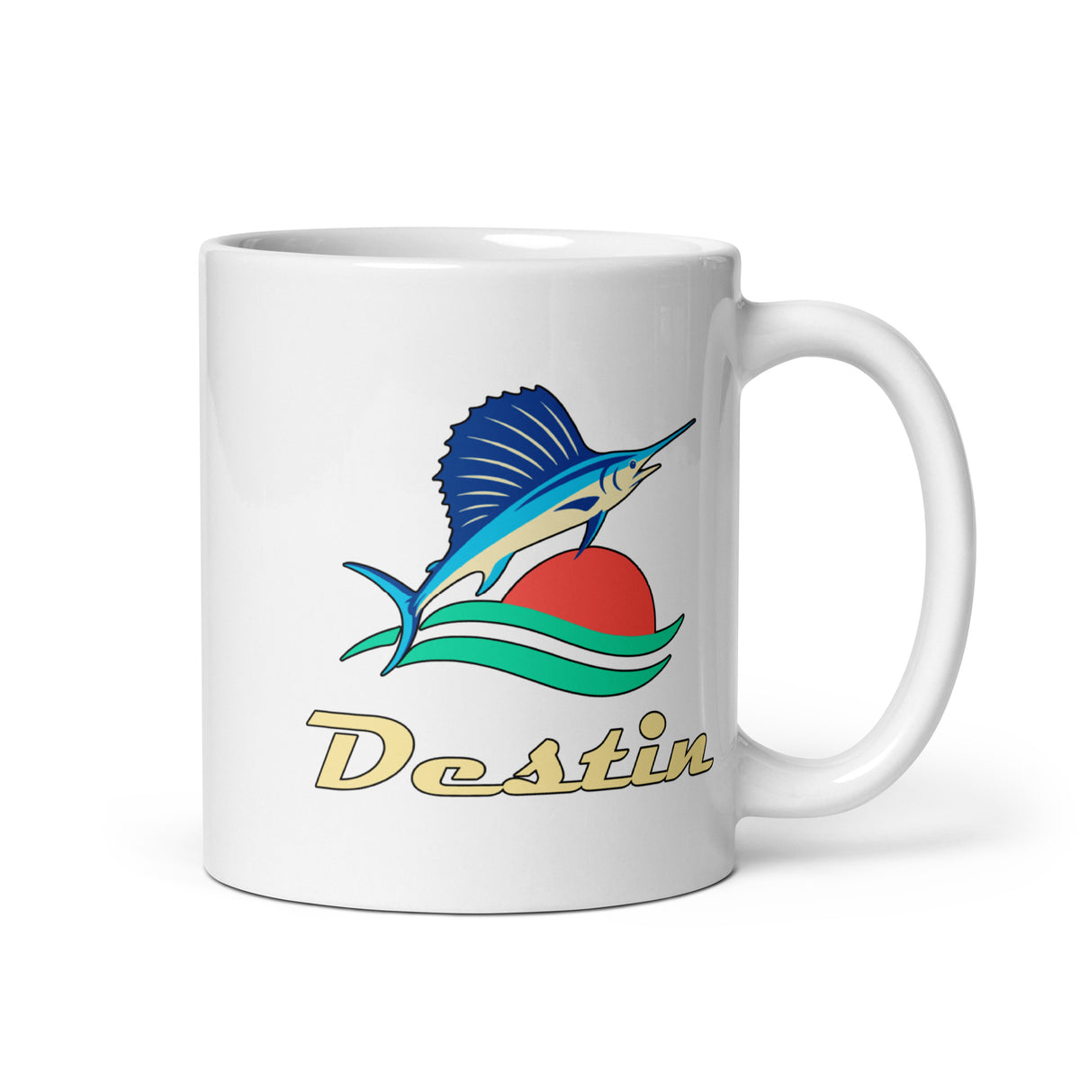 Destin — White mug, 11 oz, right side, logo on both sides