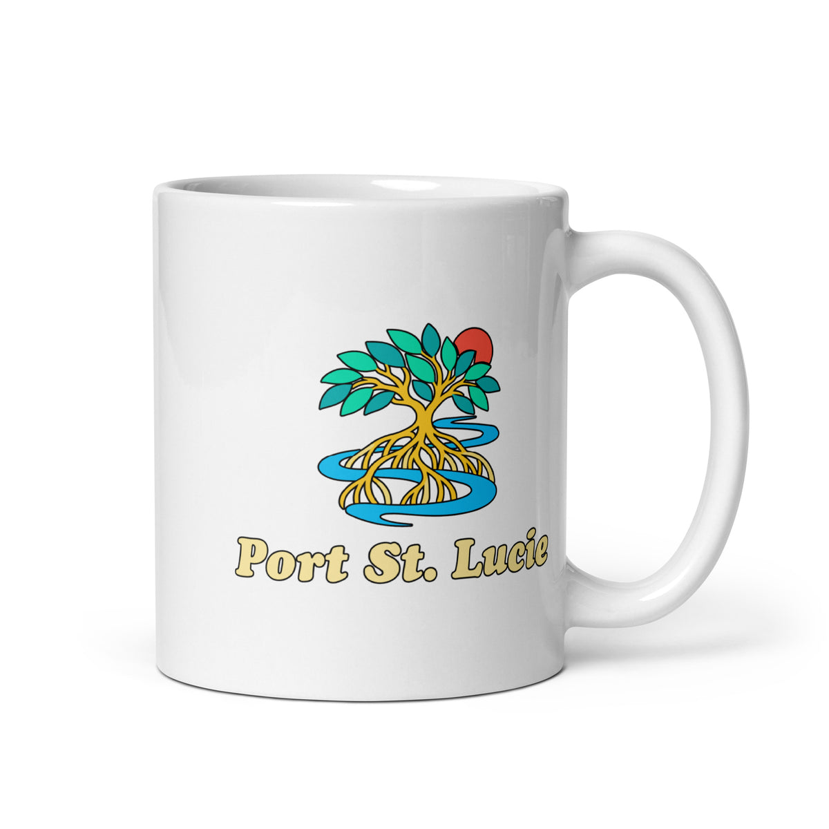 Port St. Lucie — White mug, 11 oz, right side, logo on both sides